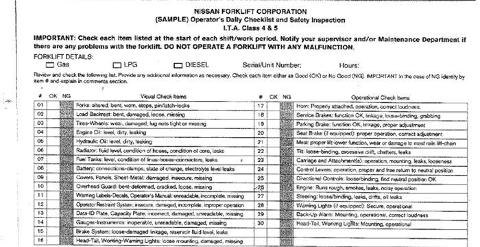 Nissan Forklift Operator Checkout Manual