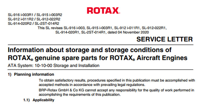 Information Storage Conditions of ROTAX Genuine Spare Parts