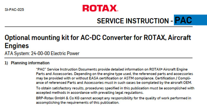 Optional mounting kit for AC-DC Converter for ROTAX Aircraft Engines
