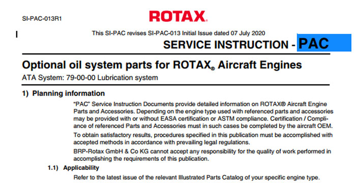 Optional oil system parts for ROTAX Aircraft Engines